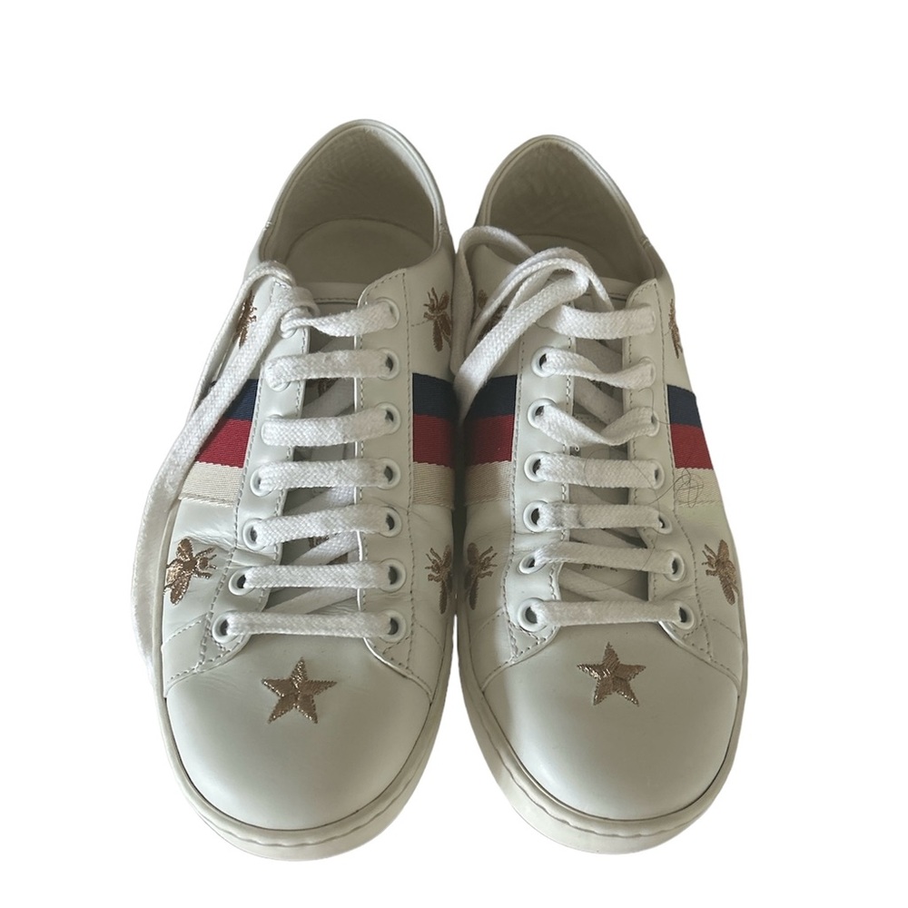 - Gucci Ace leather lace up sneakers star & bee embroidered details size… - Picture 3 of 7